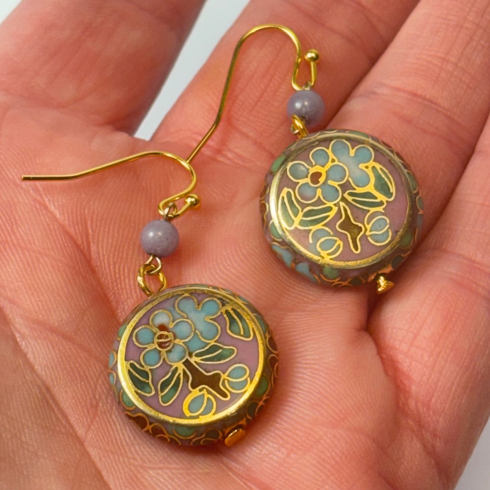 Vintage Cloisonne Enamel Earrings Floral Pink Blue Boho Whimsygoth Dangle Hook